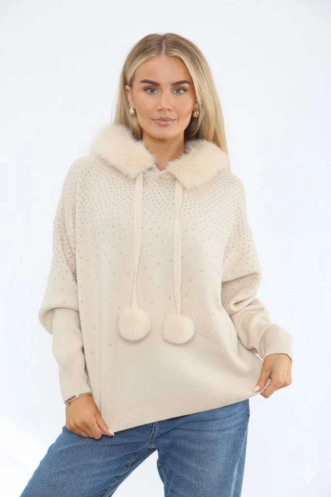 Oslo Faux Fur Sparkly Hoodie - Latte (One Size fits from Size 10/12 up to Size 16/18)