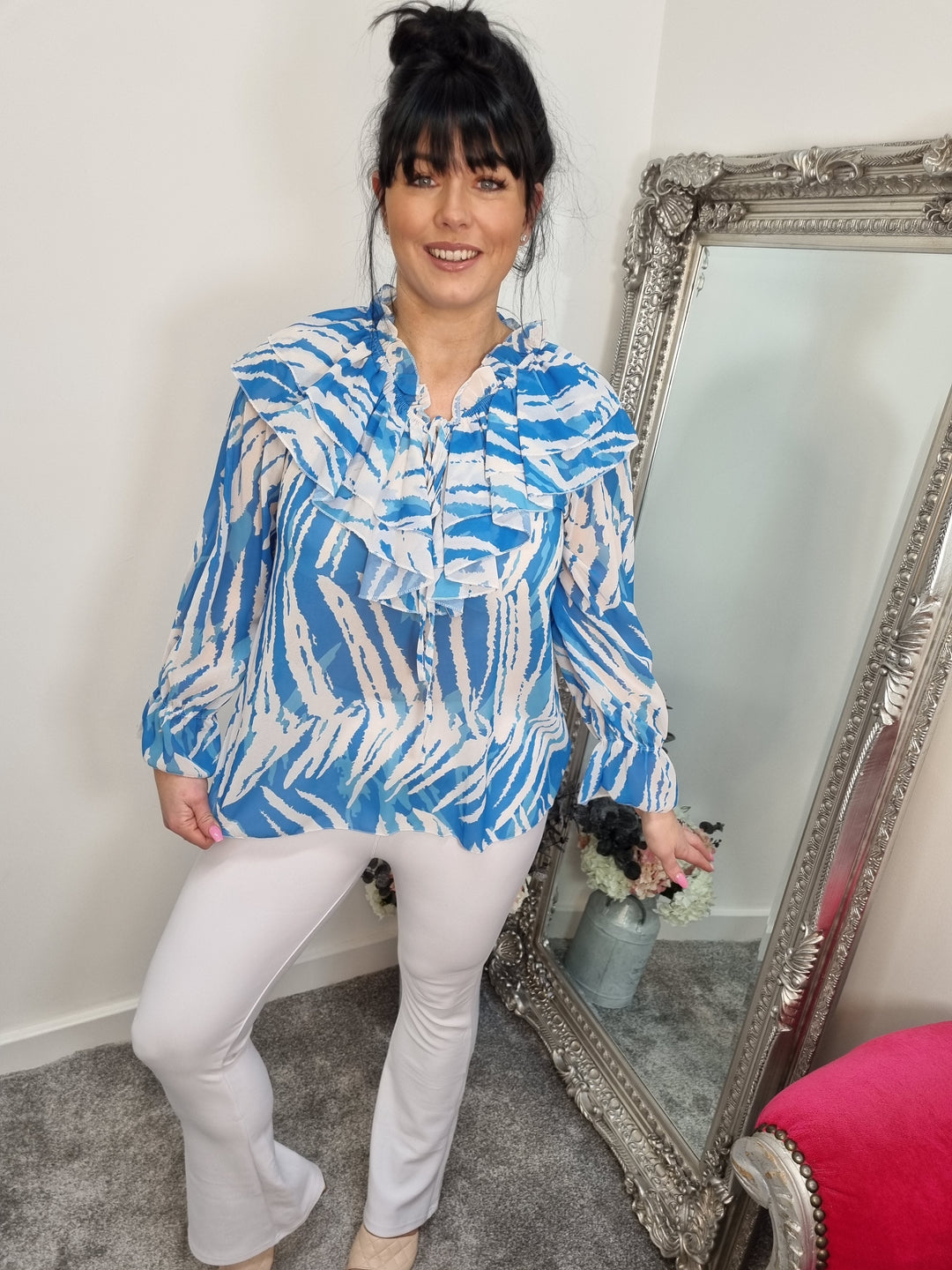 Zebra Frilled Blouse - Sky Blue