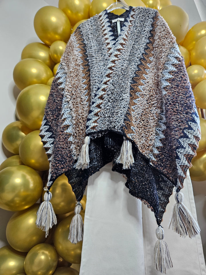 Aztec Poncho with Tassels - Chocolate Multi