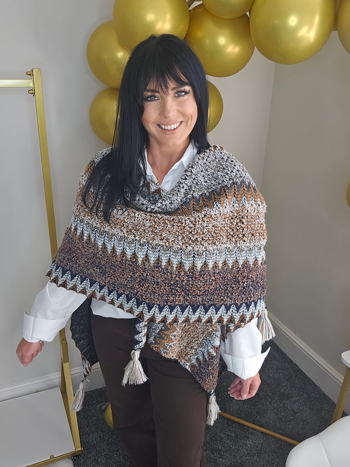Aztec Poncho with Tassels - Chocolate Multi