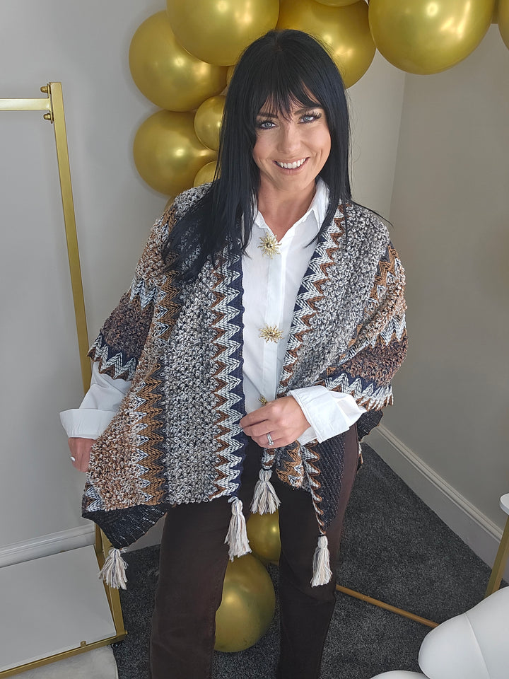 Aztec Poncho with Tassels - Chocolate Multi