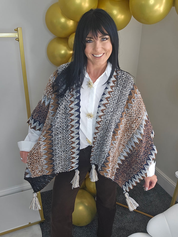 Aztec Poncho with Tassels - Chocolate Multi