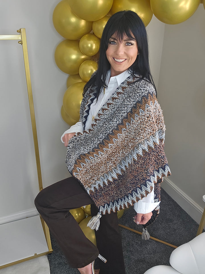 Aztec Poncho with Tassels - Chocolate Multi