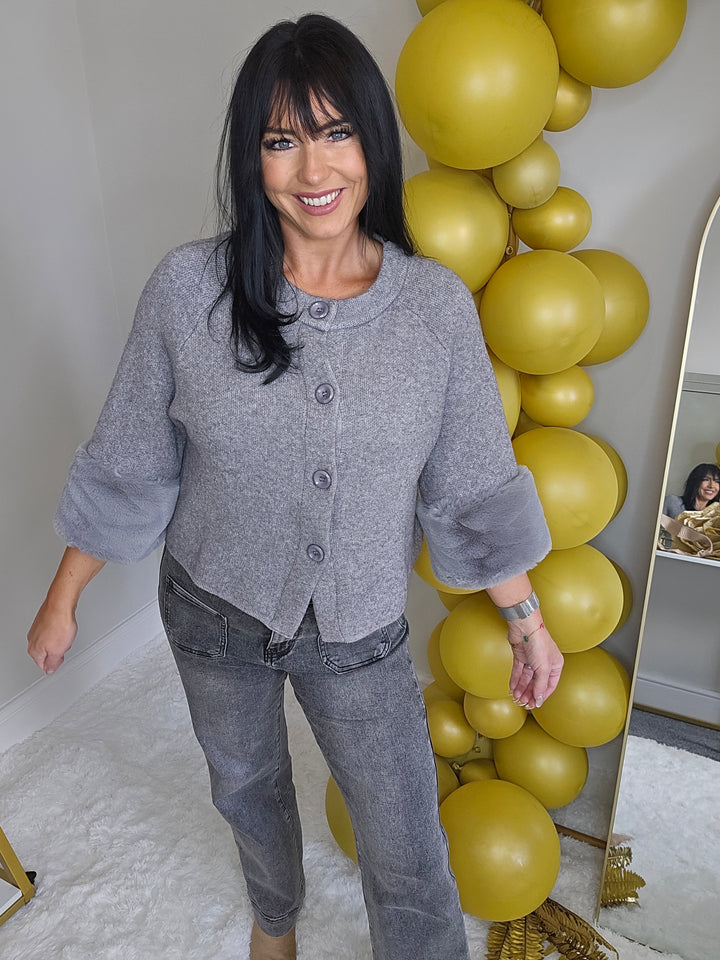 Oslo Faux Fur Sleeve Cardigan/Jacket/Top - (One Size, fits up to Size 14/16) - Silver Grey