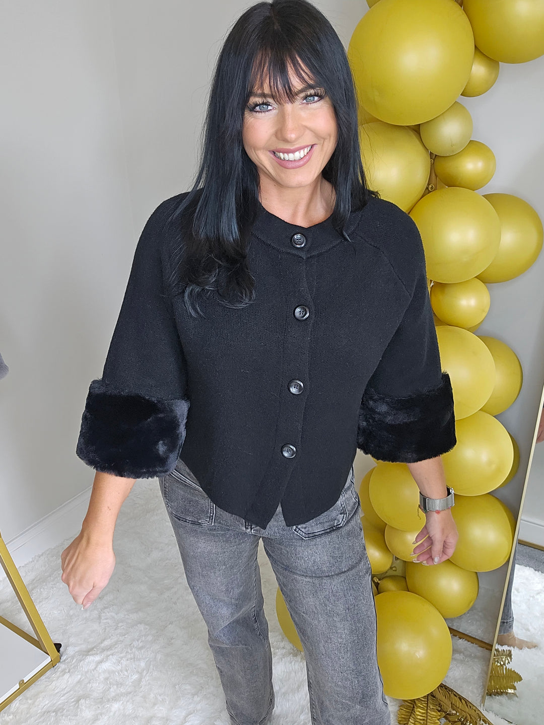 Oslo Faux Fur Sleeve Cardigan/Jacket/Top - (One Size, fits up to Size 14/16) - Black