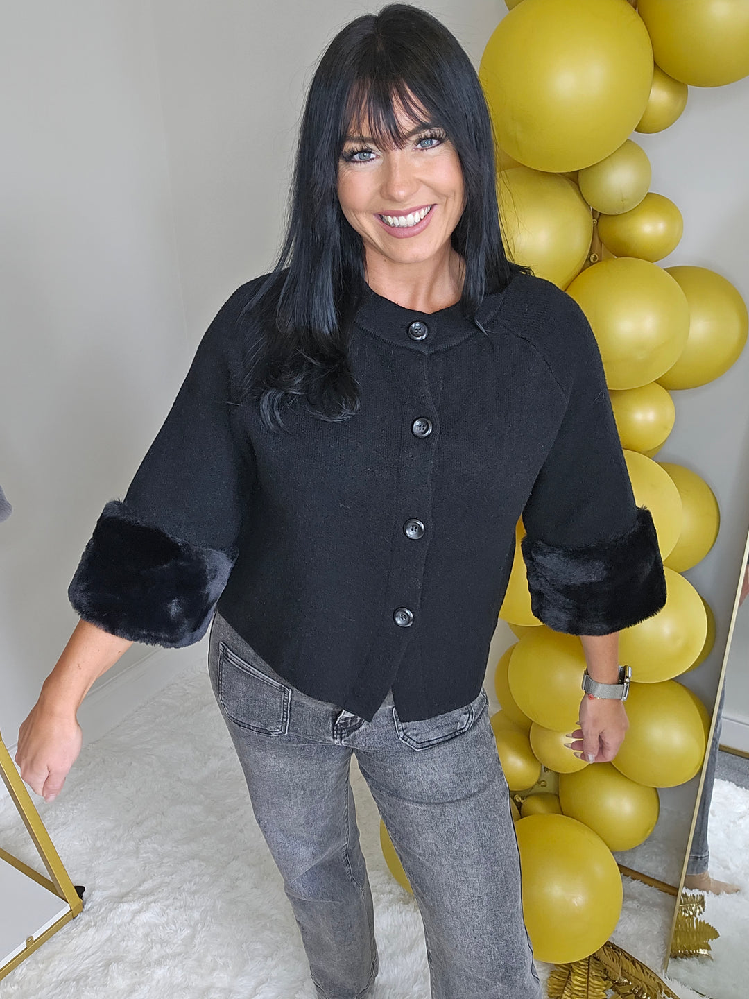 Oslo Faux Fur Sleeve Cardigan/Jacket/Top - (One Size, fits up to Size 14/16) - Black