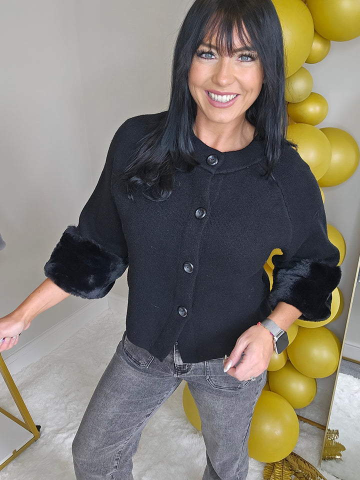 Oslo Faux Fur Sleeve Cardigan/Jacket/Top - (One Size, fits up to Size 14/16) - Black