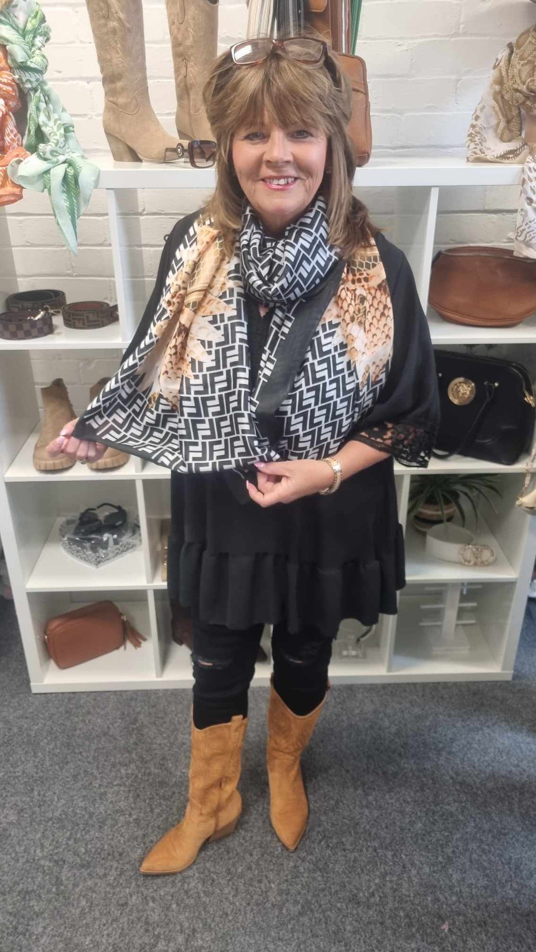 Snake and Feather Print Scarf - Black/White/Tan