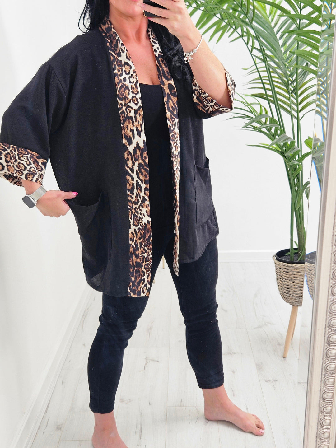 Cleo Leopard Print Trim Jacket (choose your Colour) - (Loose Fit)