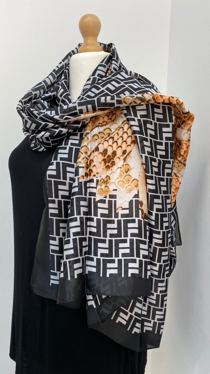 Snake and Feather Print Scarf - Black/White/Tan