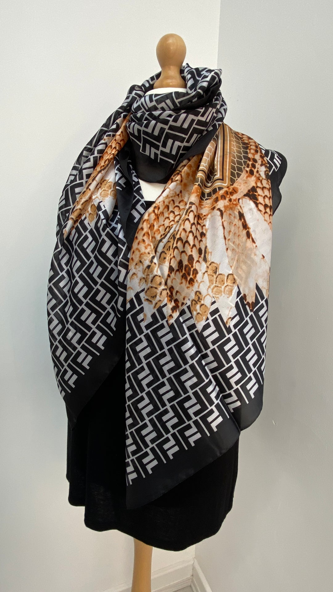 Snake and Feather Print Scarf - Black/White/Tan