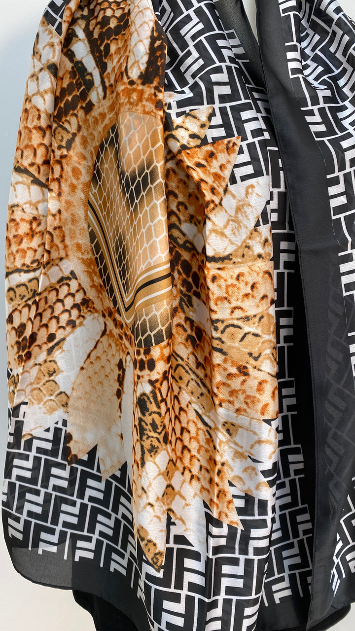 Snake and Feather Print Scarf - Black/White/Tan
