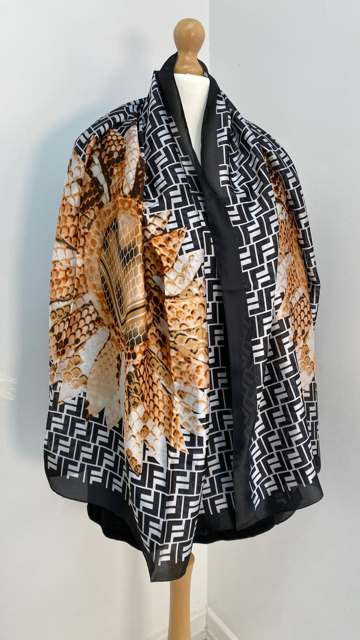 Snake and Feather Print Scarf - Black/White/Tan