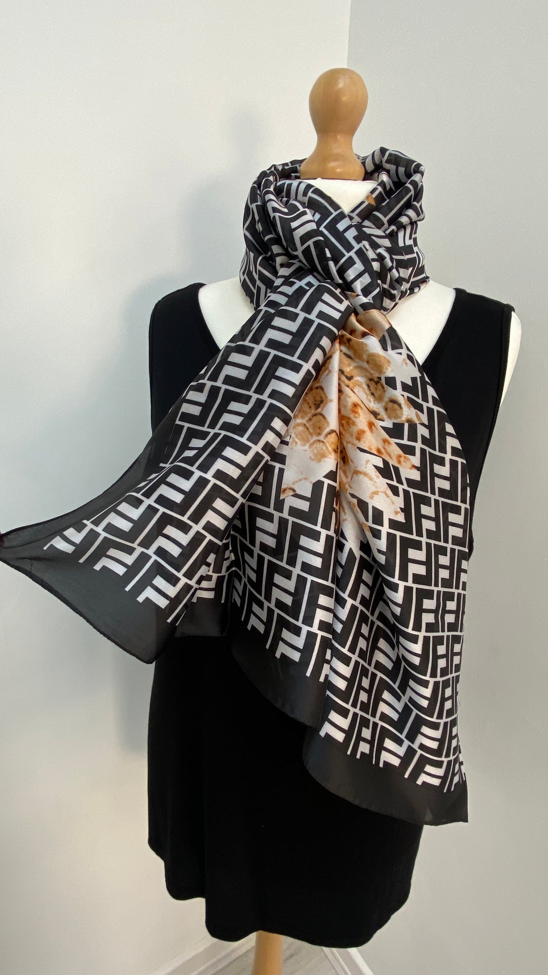 Snake and Feather Print Scarf - Black/White/Tan