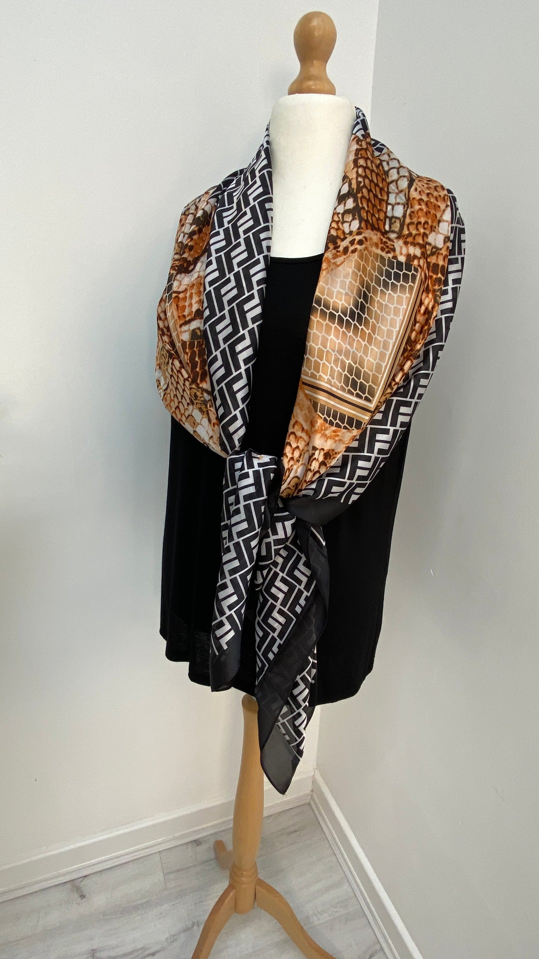 Snake and Feather Print Scarf - Black/White/Tan