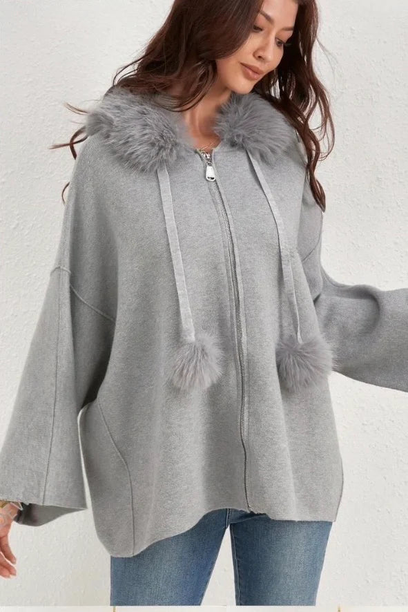 Oslo Faux Fur Hoodie/Cardigan/Jumper - Grey (One Size fits from Size 12 up to Size 20)