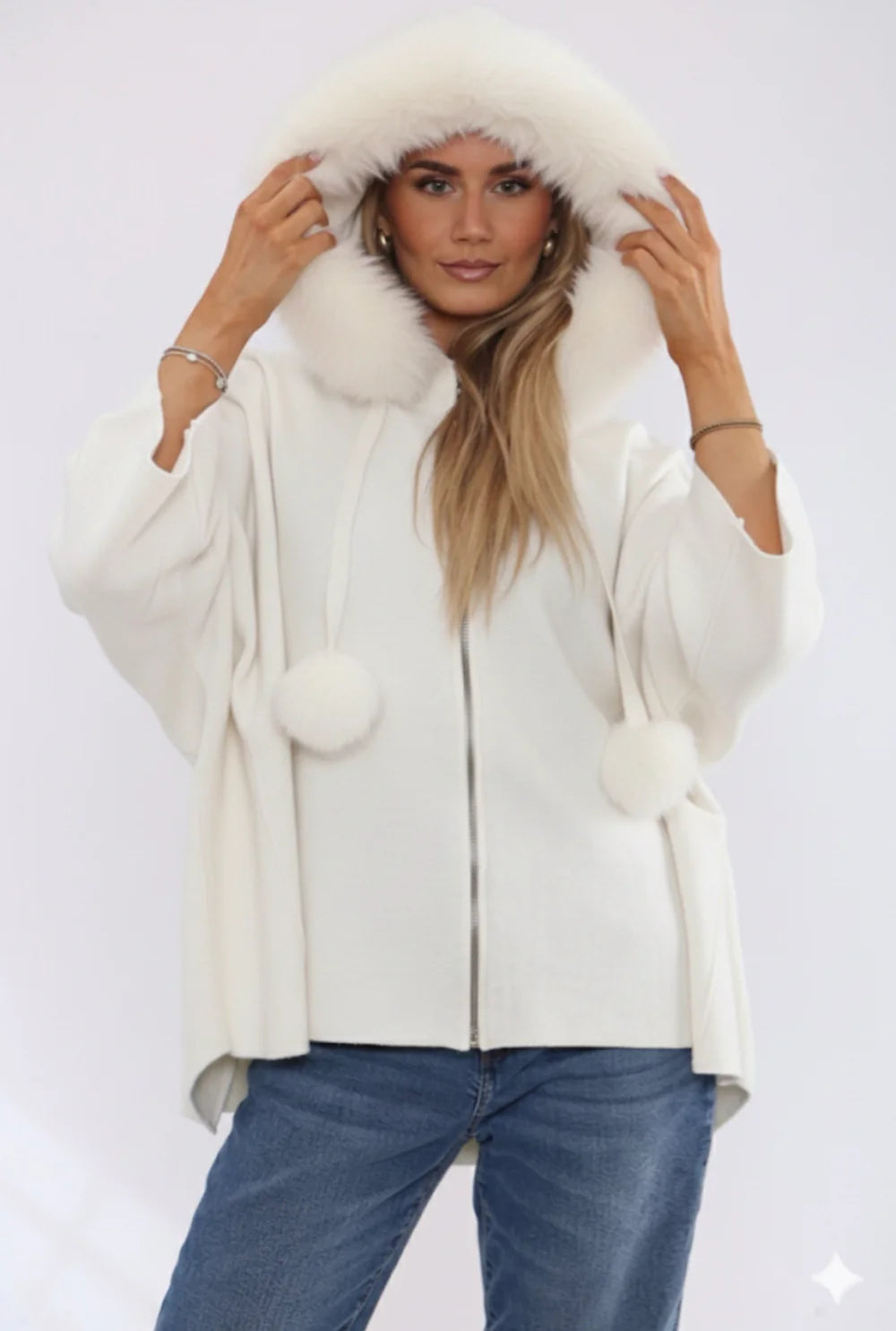 Oslo Faux Fur Hoodie/Cardigan/Jumper - Winter White (One Size fits from Size 12 up to Size 20)