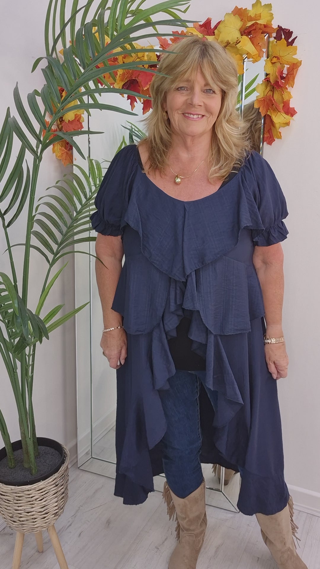 Rhea Ruffle Hi Lo Blouse - French Navy - One Size fits up to Size 16/18
