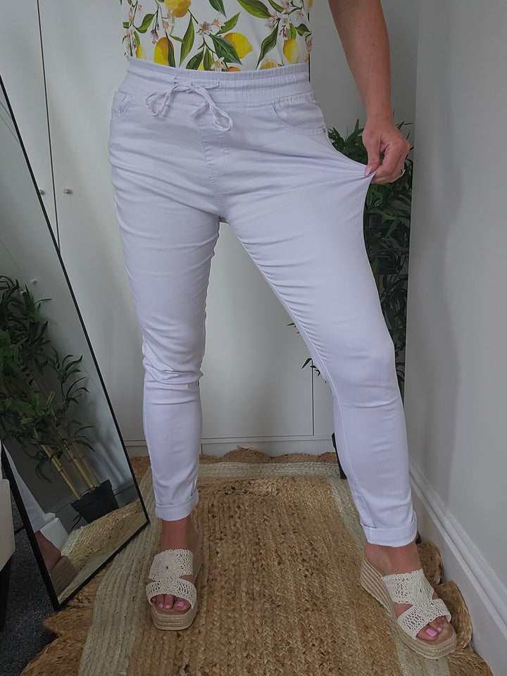 Blanco Elasticated Waist & Drawstring Jeans  - White - (choose your Size)