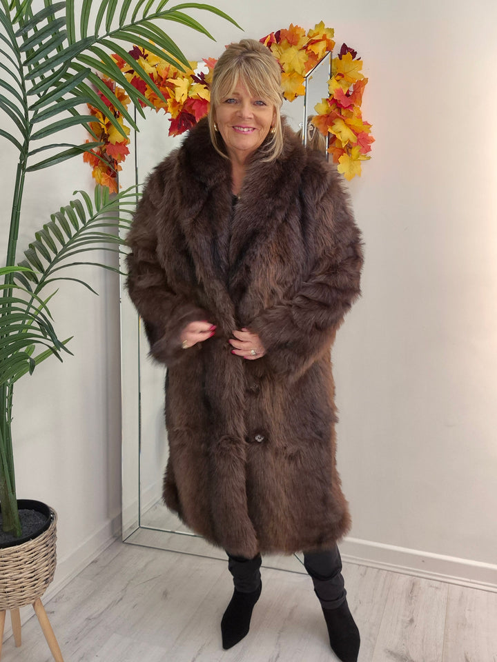 Oslo Fluffy Faux Fur Coat - Chocolate (choose your Size)