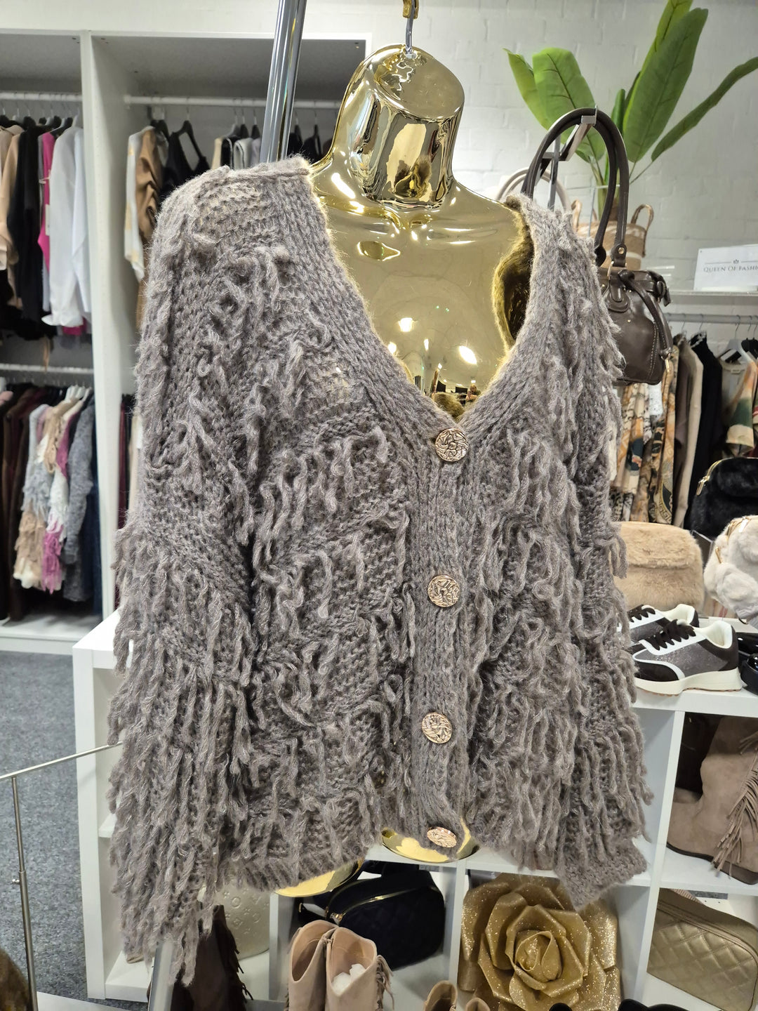 Shaggy Cardigan with Gold Buttons (Oversized) Long Length - Mocha