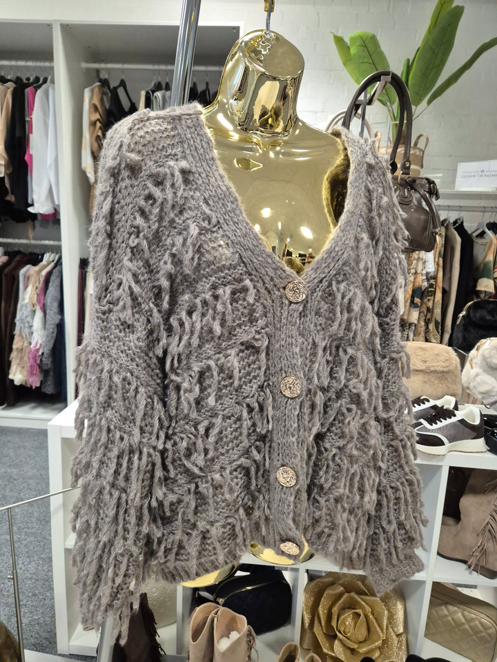 Shaggy Cardigan with Gold Buttons (Oversized) Long Length - Mocha