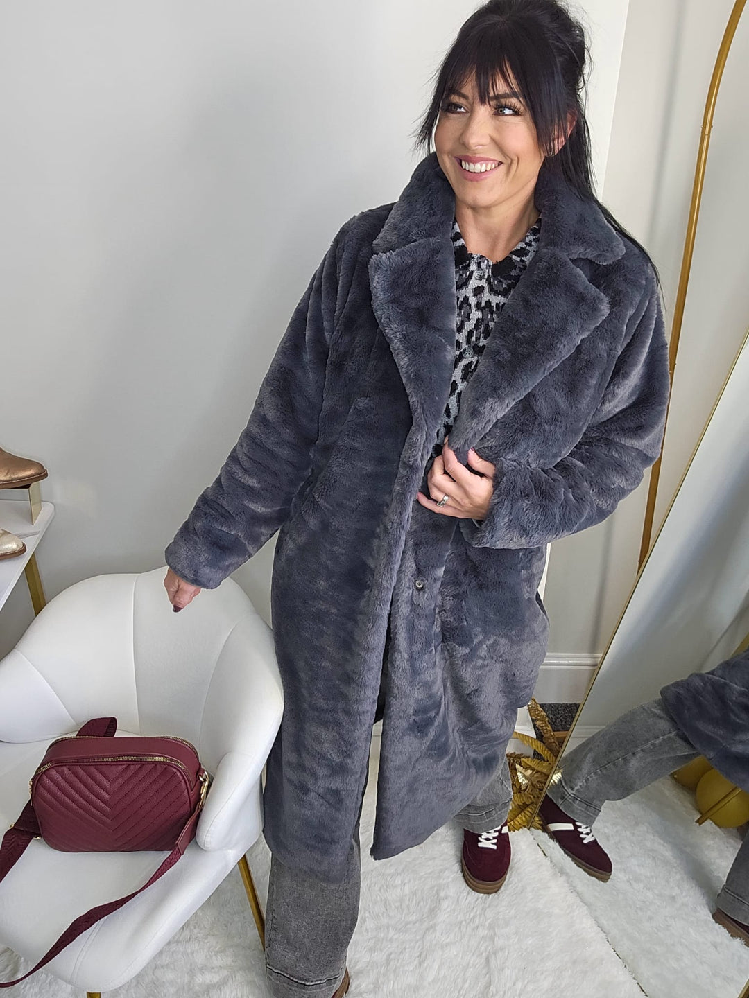 Oslo Faux Fur Longline Coat - Charcoal (One Size - fits from Size 10 up to Size 16)