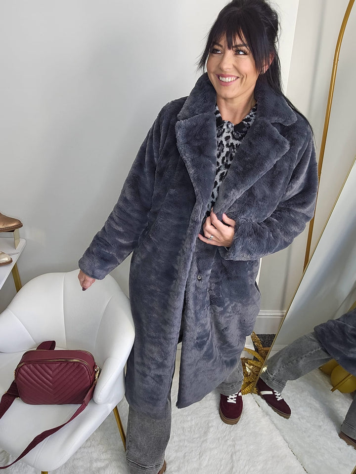 Oslo Faux Fur Longline Coat - Charcoal (One Size - fits from Size 10 up to Size 16)
