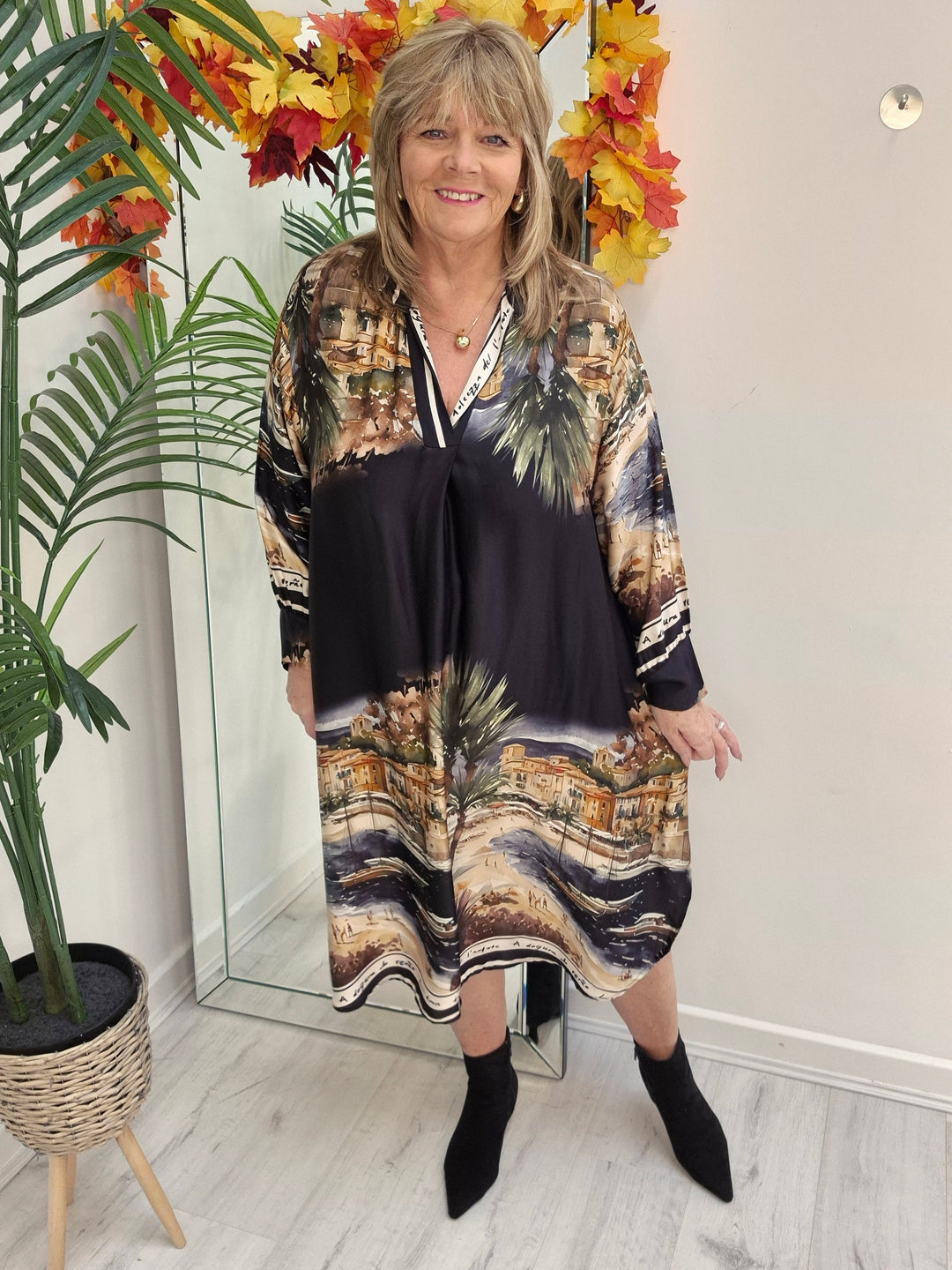 Amalfi Village Silk Dress - Black/Khaki - (One Size/Curvy - fitting from Size 14 to Size 20)