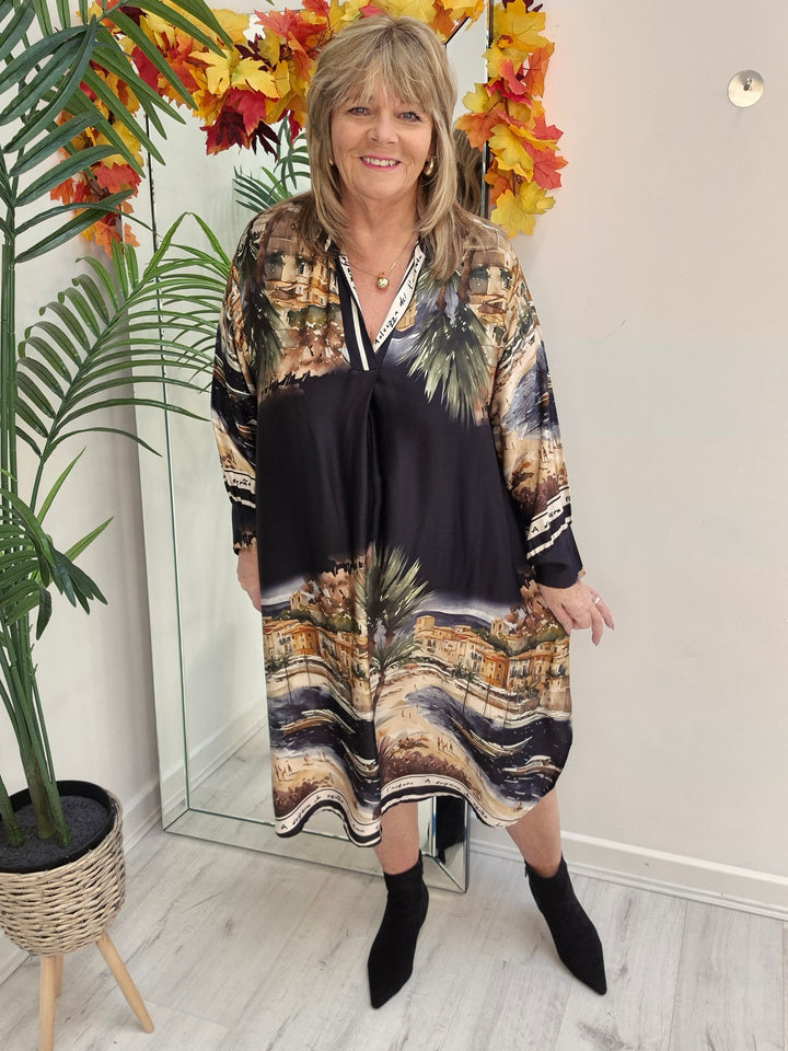 Amalfi Village Silk Dress - Black/Khaki - (One Size/Curvy - fitting from Size 14 to Size 20)