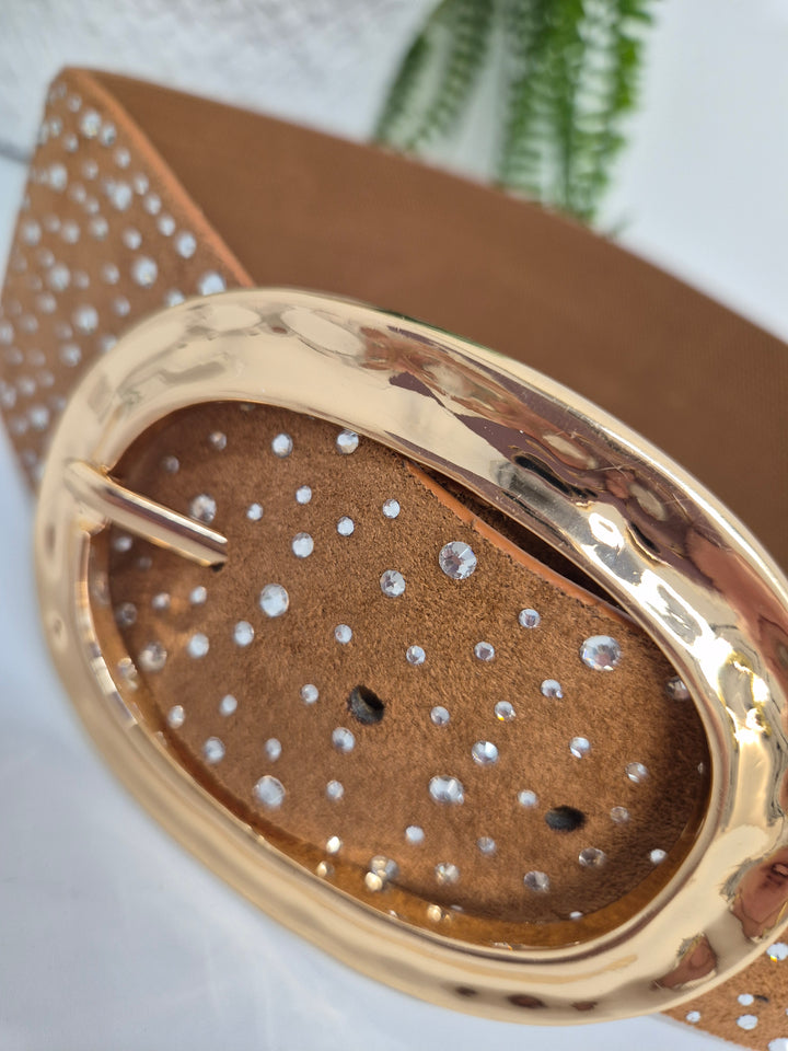 Stretchy Crystal Belt - Tan - (One Size, fits from Size 8 to Size 16)