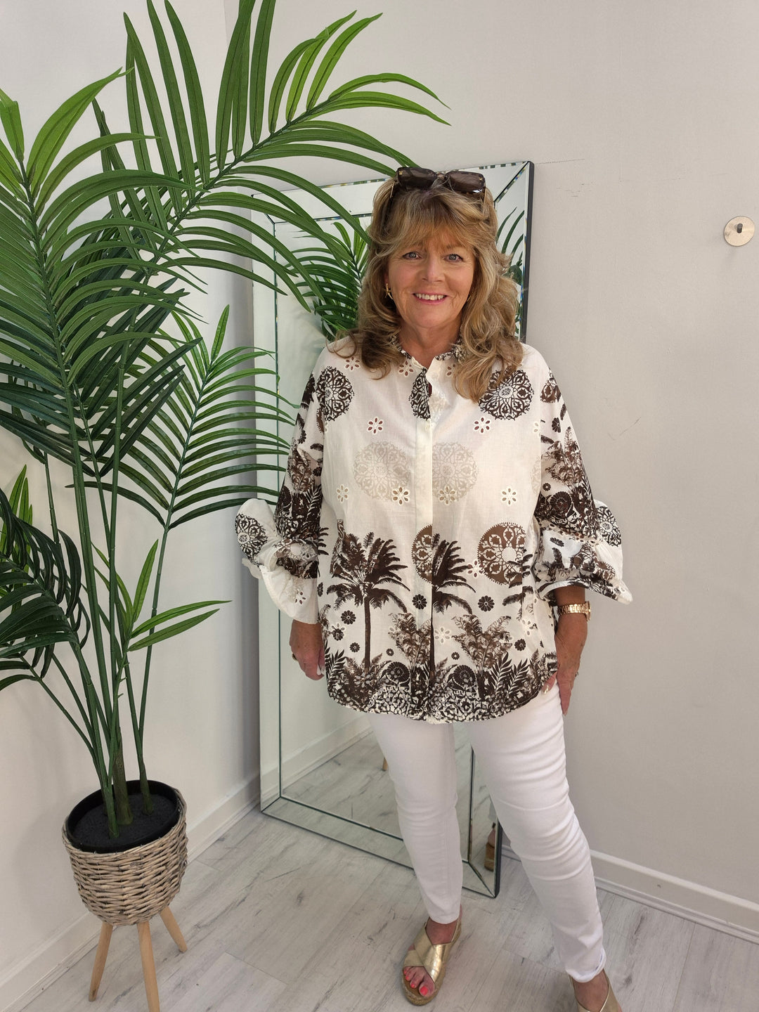 Zetta Otto Double Fluted Sleeve Blouse - White/ Chocolate - Palm (Oversized)