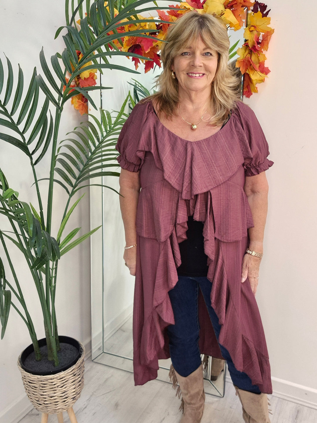 Rhea Ruffle Hi Lo Blouse - Wine - One Size fits up to Size 16/18