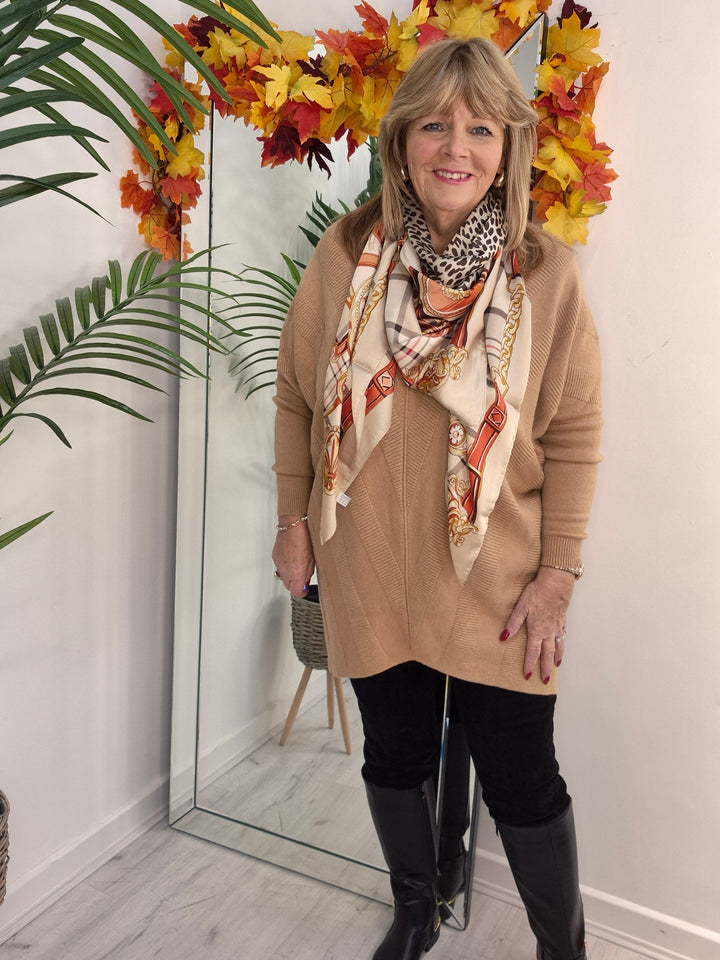 Silk Leopard Print & Checked Scarf - Beige Multi