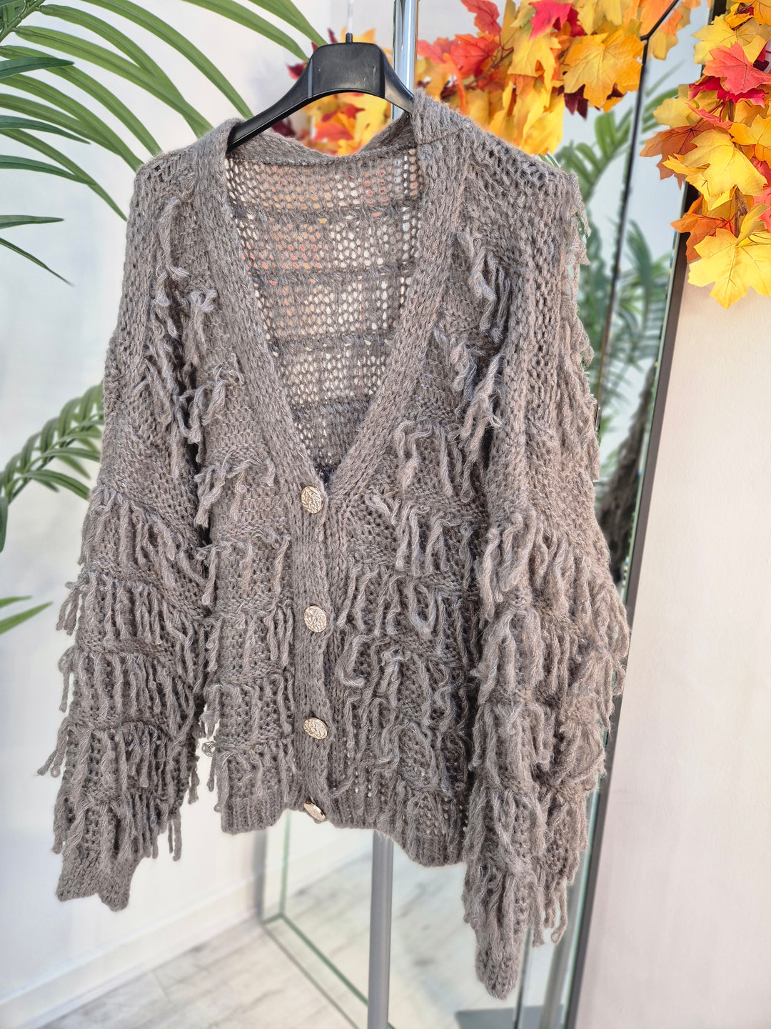 Shaggy Cardigan with Gold Buttons (Oversized) Long Length - Mocha