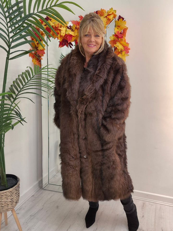 Oslo Fluffy Faux Fur Coat - Chocolate (choose your Size)