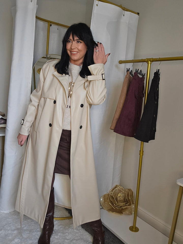 Sandringham PU Longline Trench Coat - Beige (One Size fits Size 10 up to Size 16)