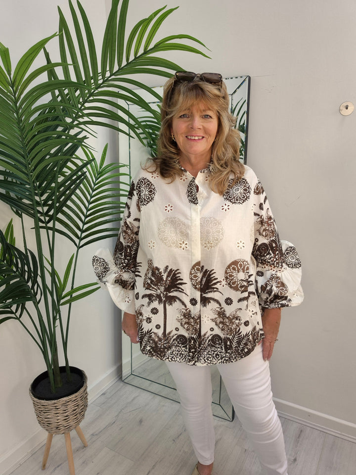 Zetta Otto Double Fluted Sleeve Blouse - White/ Chocolate - Palm (Oversized)