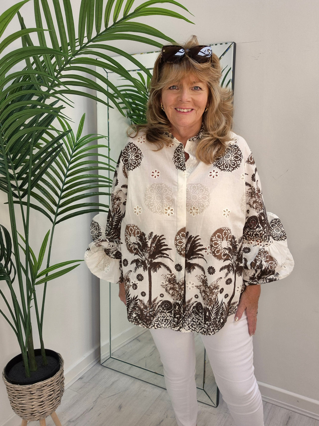 Zetta Otto Double Fluted Sleeve Blouse - White/ Chocolate - Palm (Oversized)