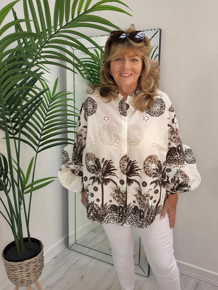 Zetta Otto Double Fluted Sleeve Blouse - White/ Chocolate - Palm (Oversized)