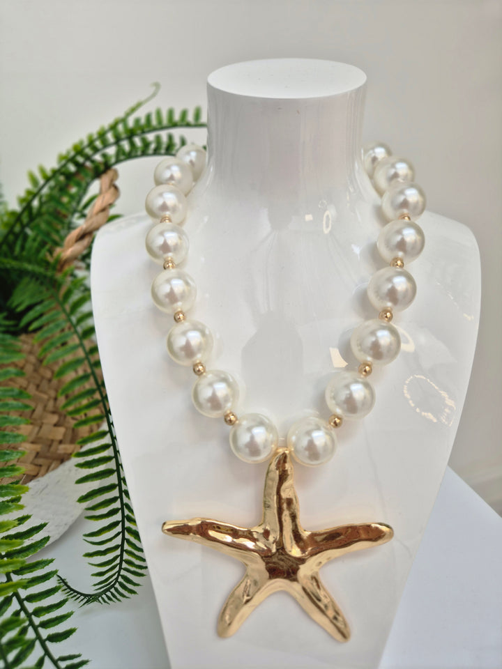 Starfish & Pearl Statement Necklace - Gold Tone
