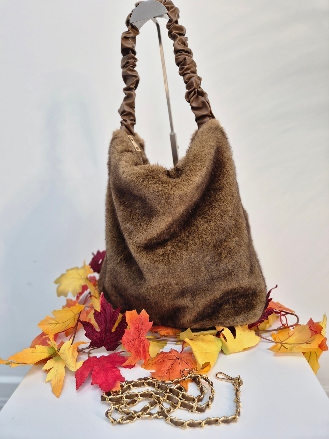 Oslo Large Faux Fur Bag with Stretchy Faux Leather Handle - Chocolate