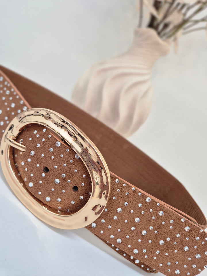 Stretchy Crystal Belt - Tan - (One Size, fits from Size 8 to Size 16)