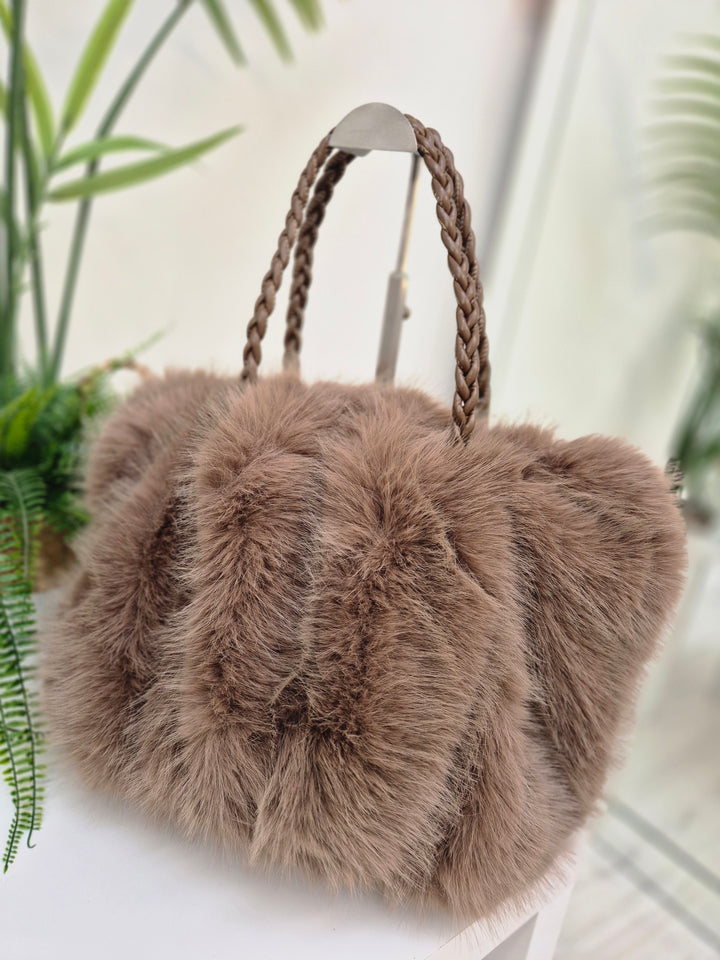 Oslo Faux Fur Bag with Dual Handles - Chocolate (Large Size)