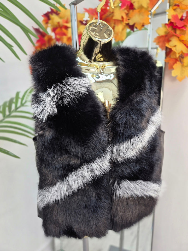 Oslo Faux Fur Two Tone Gilet with Crystal Fastenings - Black (One Size - fits up to Size 10 up to Size 16)