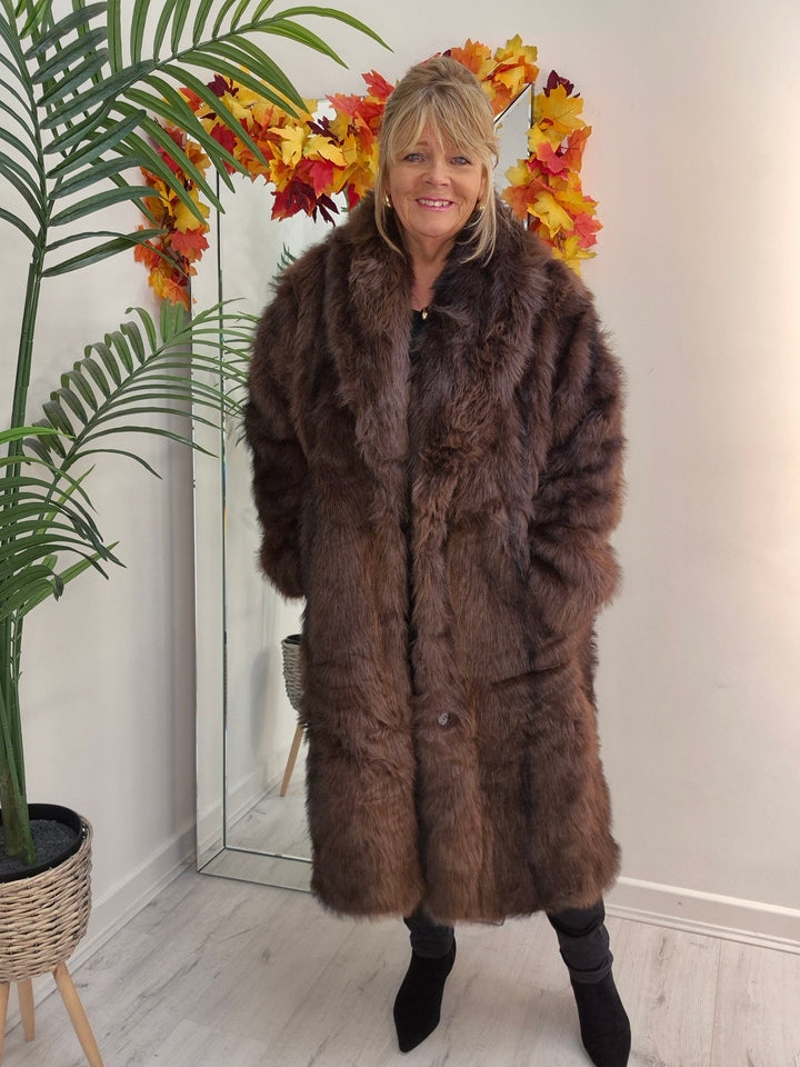 Oslo Fluffy Faux Fur Coat - Chocolate (choose your Size)