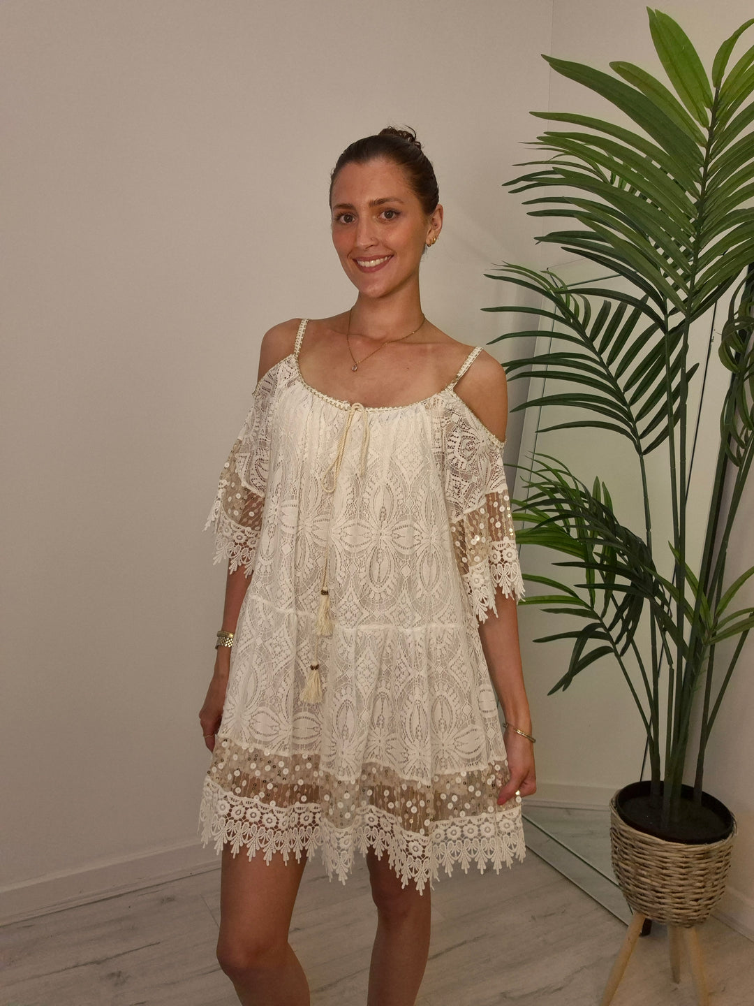 Ibiza Strappy Dress with Cold Shoulder - White/Gold