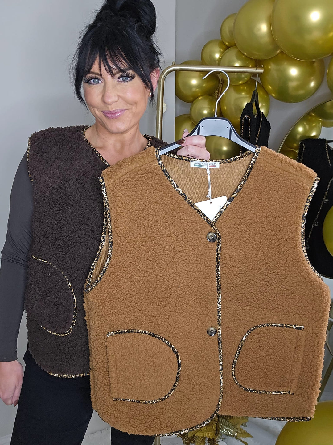 Teddy Waistcoat with Leopard Trim - (One Size fits from Size 8 to Size 16) - Caramel