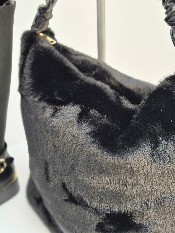 Oslo Large Faux Fur Bag with Stretchy Faux Leather Handle - Black