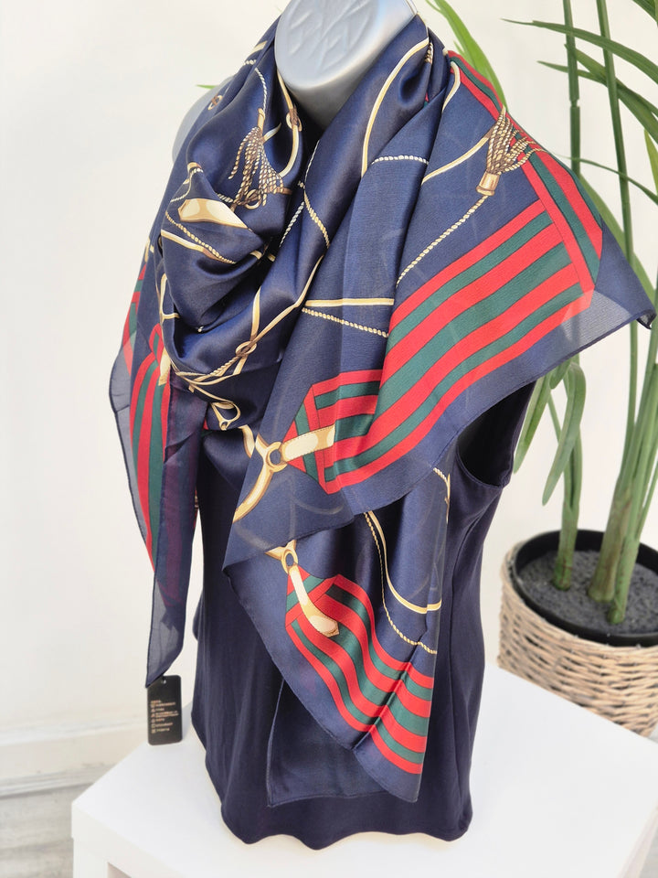 Oversized Silk Chain Print Scarf - Navy/Gold